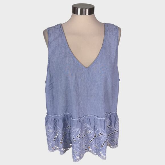 Falls Creek 2X 100% Cotton Blue Top Sleeveless Eyelet Peplum - Picture 1 of 8